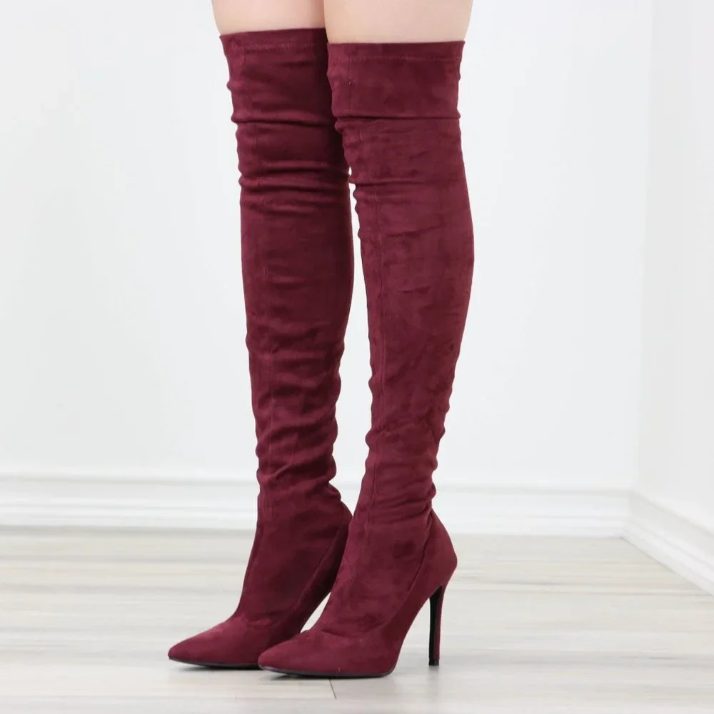 Wine Women's Thigh High Boots Faux Suede Pointed Toe Stilettos - Picture 6 of 15